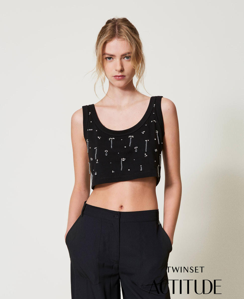 Top cropped con ricami Nero Donna 251AP2222_00006_PA