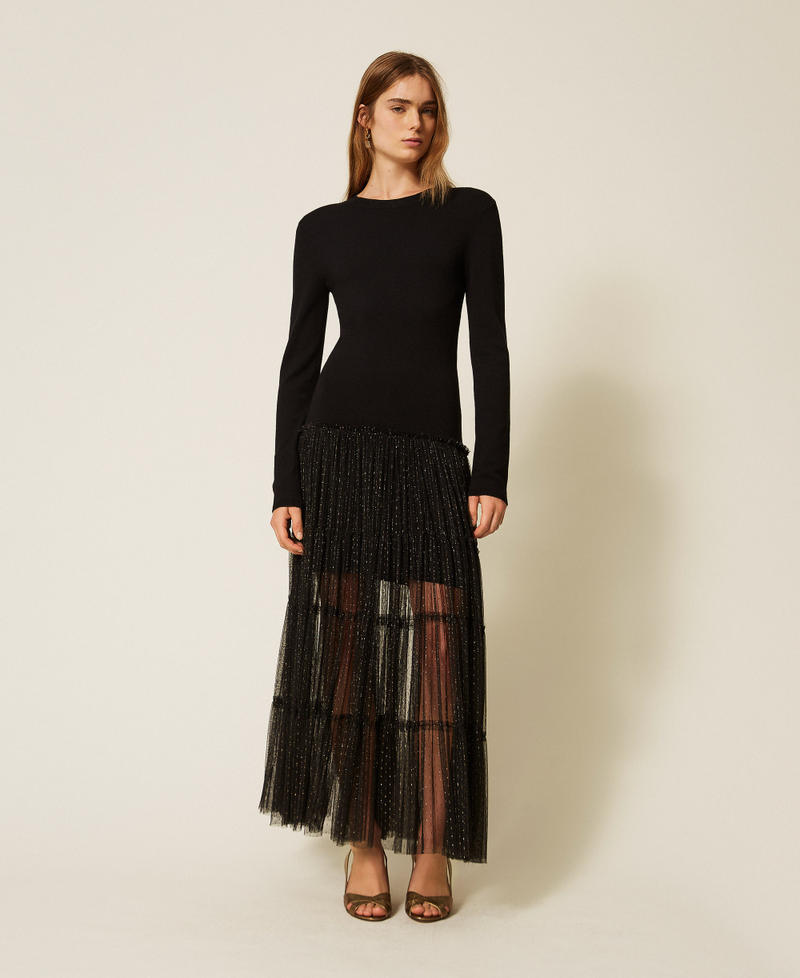 Langes Strickkleid mit Plumetis-T&uuml;ll Schwarz Frau 262TT3423_00006_01