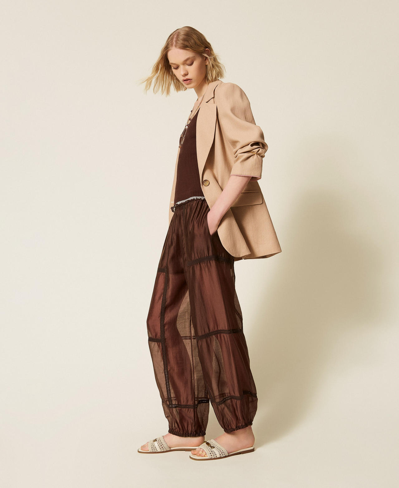 Voile joggers with lace Coffee Liqueur Woman 261TF2041_12110_02