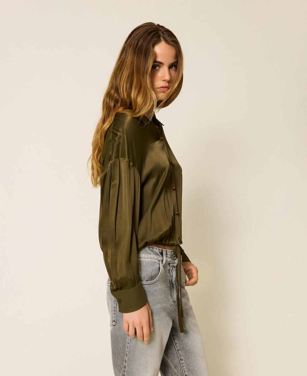 Satin shirt with drawstring Green Olive Woman 252LI2TAA_12655_02