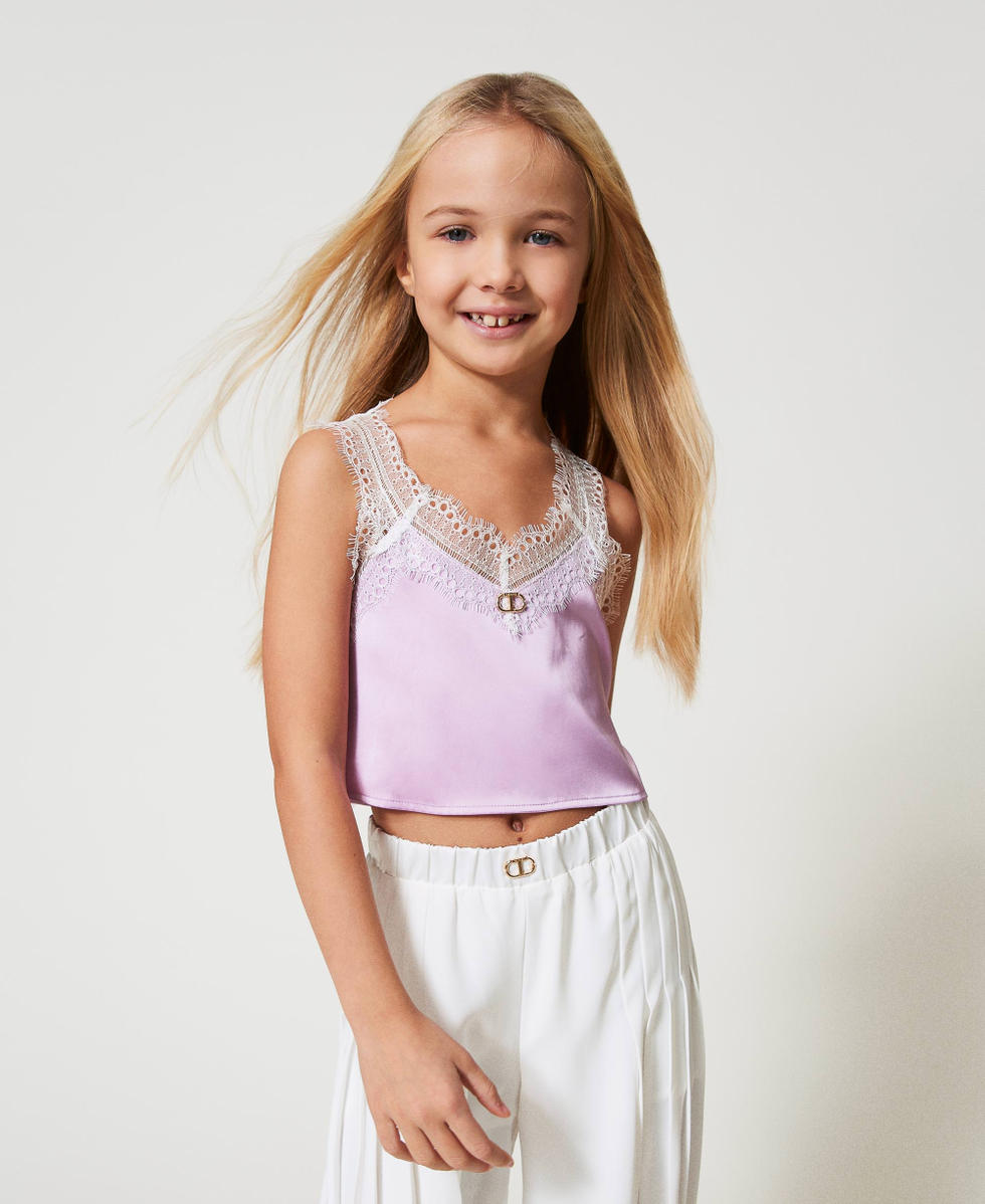 Satin and lace cropped top Two-tone Ice/Pastel Violet Girl 251GJ2454_12280_01