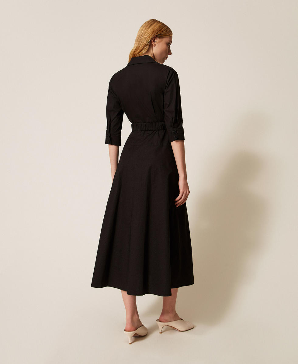 Long poplin dress with belt Black Woman 261AP2284_00006_03
