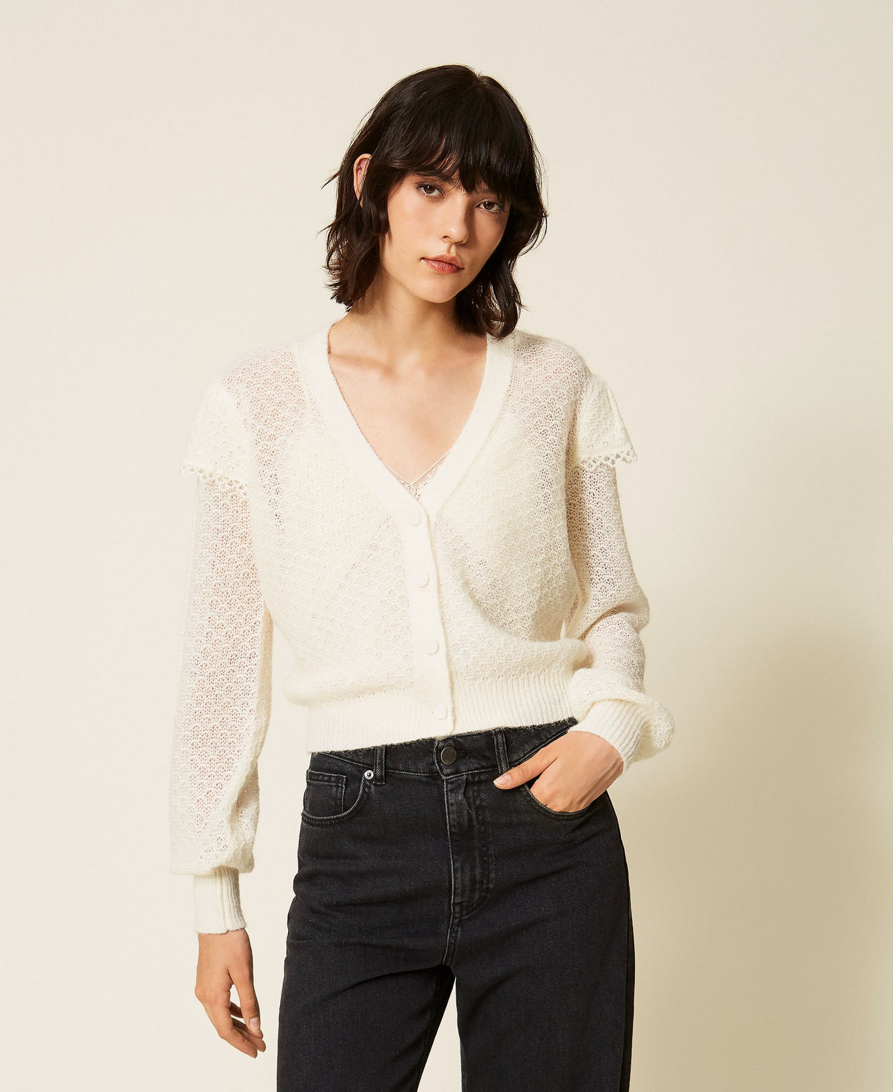 Cardigan en maille avec volants Nacre Femme 262TP3150_00059_02