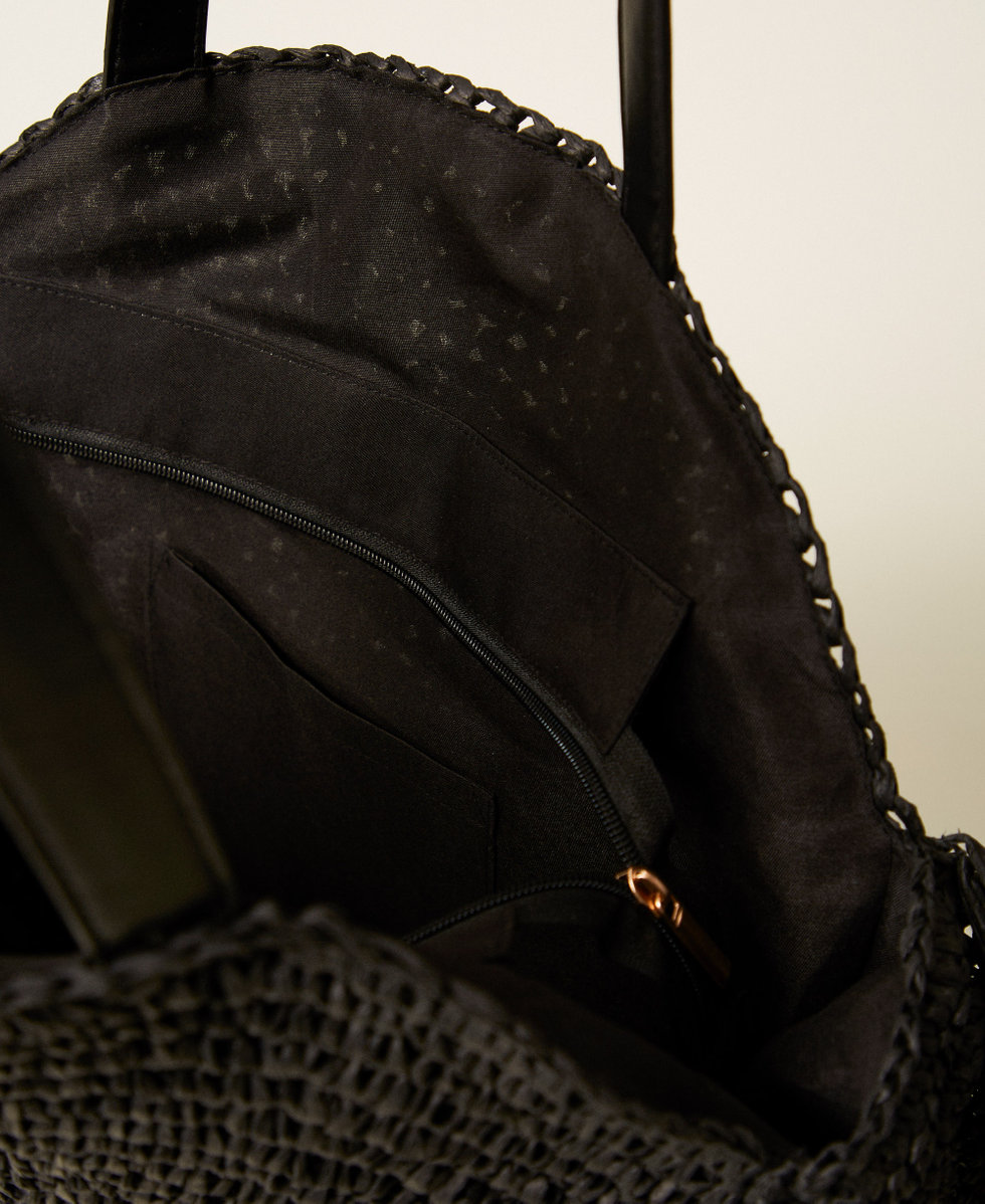 Runder Shopper aus Rafia mit Fransen Schwarz Frau 261LB7BAA_00006_04