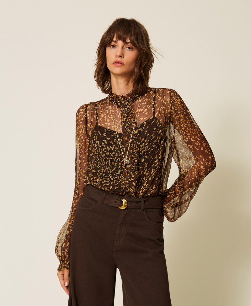Hemd aus Seidenkrepon mit Animal-Dessin Animal Print Brown / Gold Frau 262TP269B_13873_02
