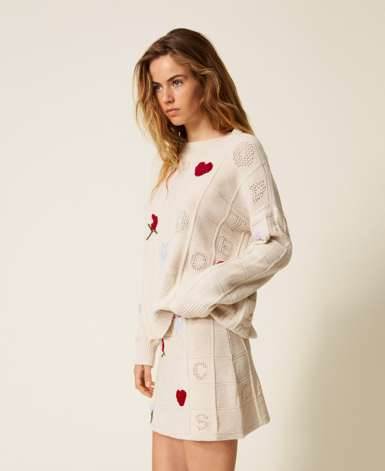 Maxi pull en fil Treeblend avec broderies Chantilly Femme 252TP3313_00522_02