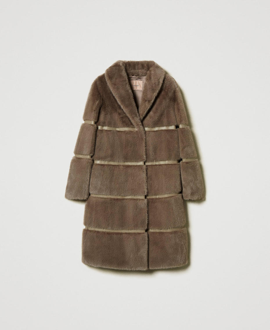 Faux fur coat with inlays Dark Taupe Woman 242TT2020_12003_S0
