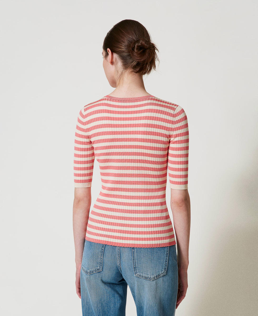 Striped jumper with short sleeves Snow White/Dark Peach Stripes Woman 251TP3470_12343_03