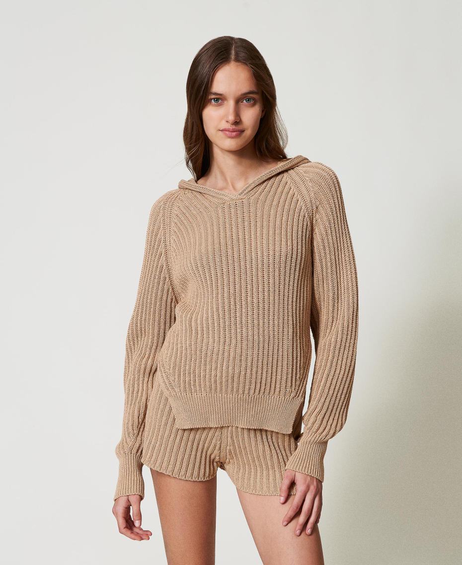 Maglia a costine con cappuccio Beige "Rope" Scuro Donna 251TP3203_12262_01