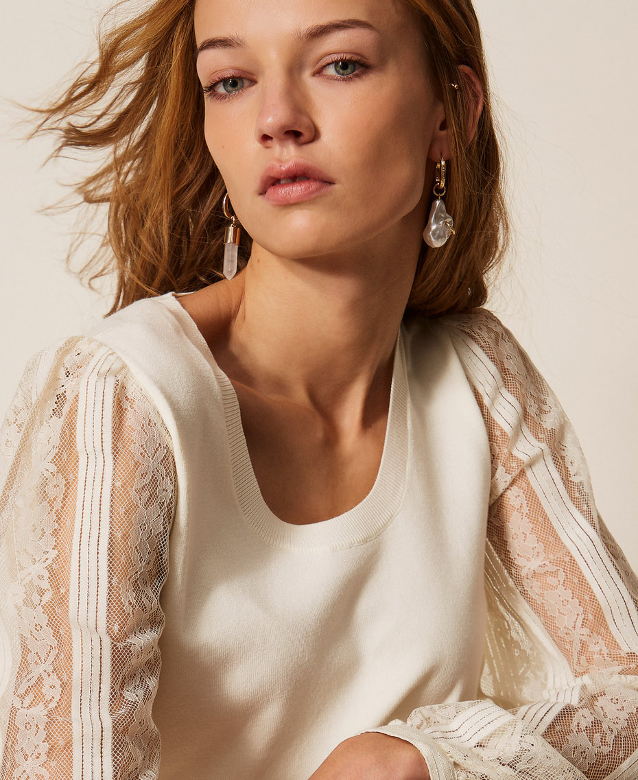Pull avec manches en dentelle Nacre Femme 261TP3432_00059_04