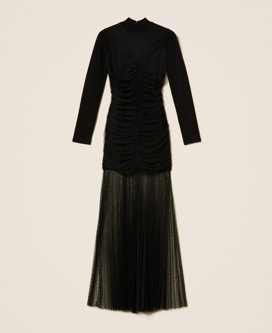 Langes Strickkleid mit Tüll Schwarz Frau 252TT3262_00006_S0