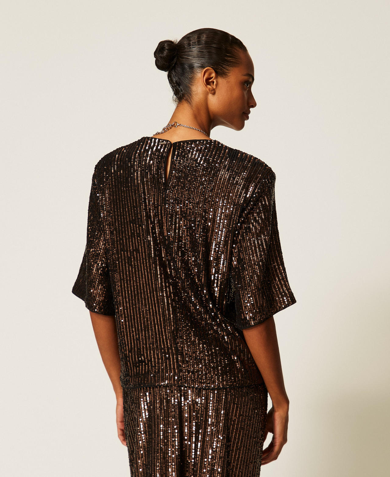 Sequin crew neck blouse Brown Sequin Stripes Woman 262TT2143_14171_03