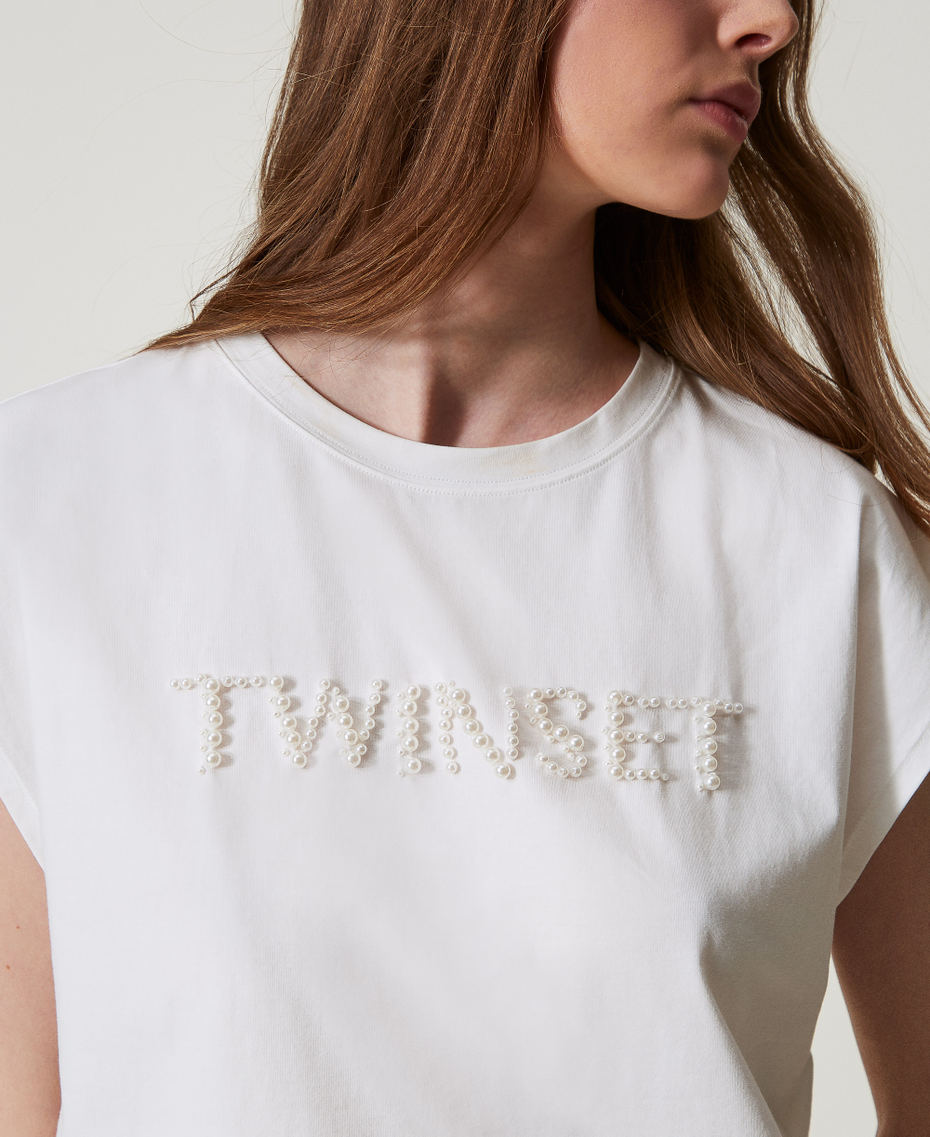 T-shirt con ricamo logo di perle Bianco Sugar Donna 251LM2TAA_00632_04