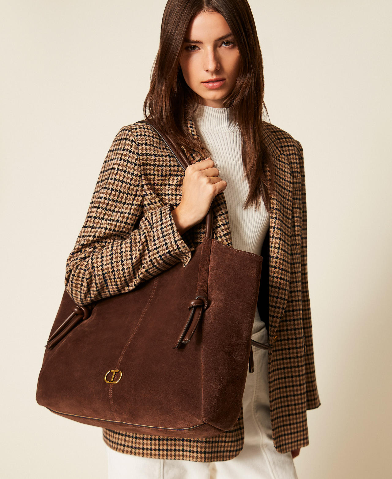 Torba shopper z zamszu z węzłami Kobieta, Brązowy | TWINSET Milano