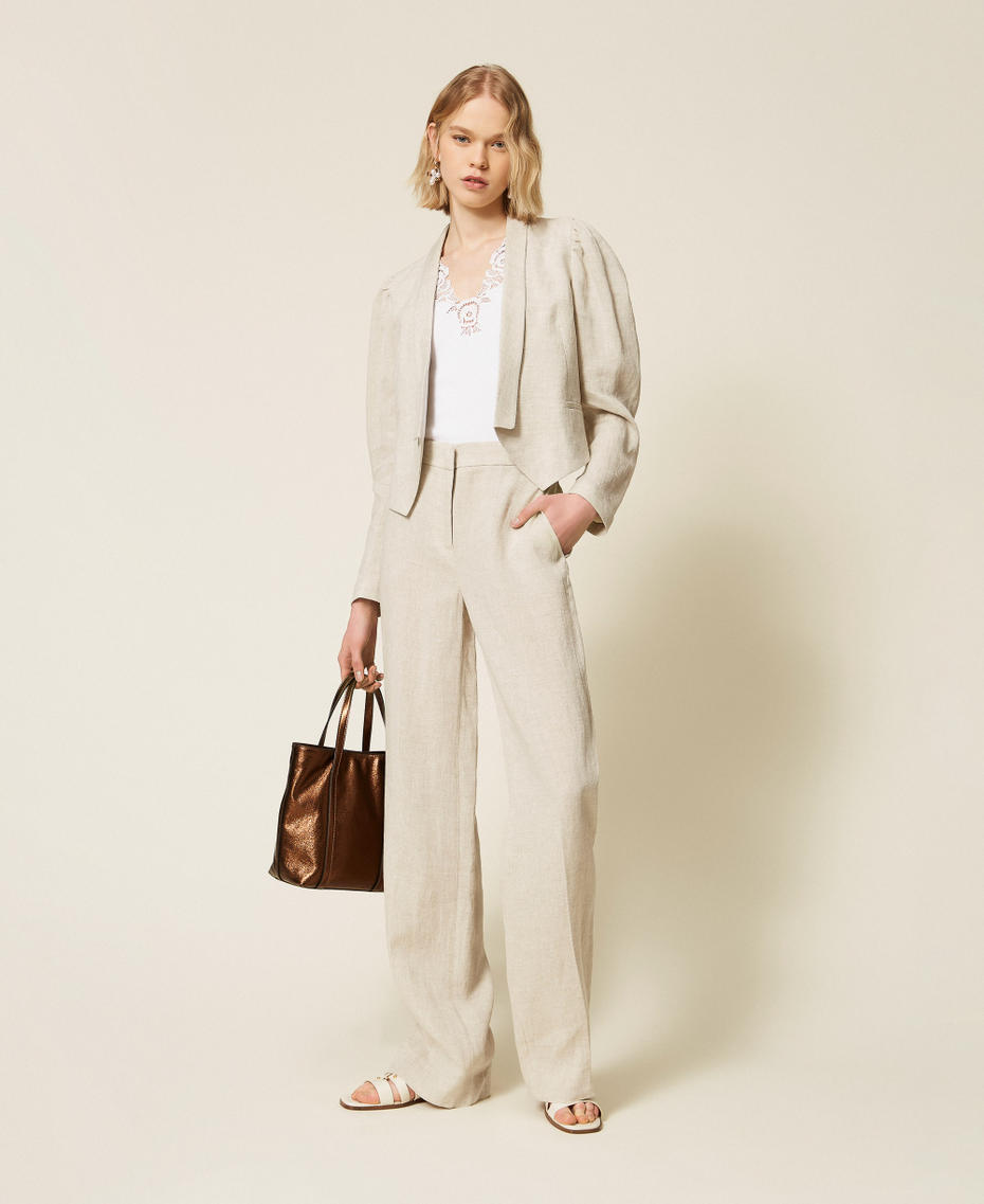 Linen cropped jacket with lurex Natural Bright Linen Woman 261TT2520_13499_T0