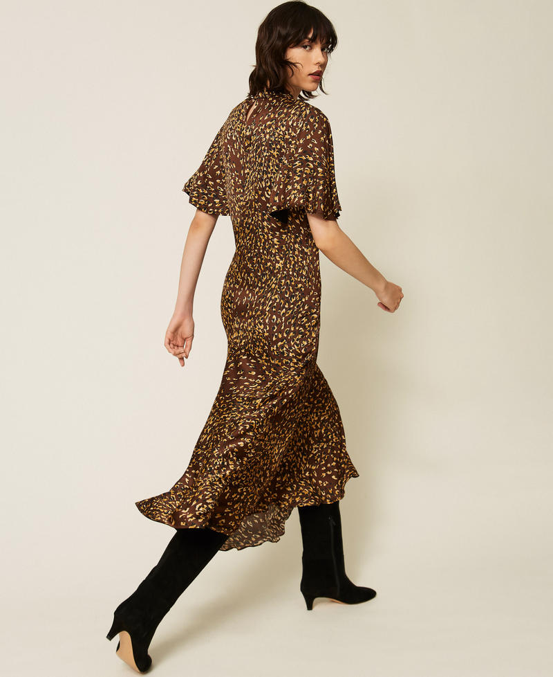 Long animal print satin dress Brown/Gold Animal Print Woman 262TP275D_13873_01