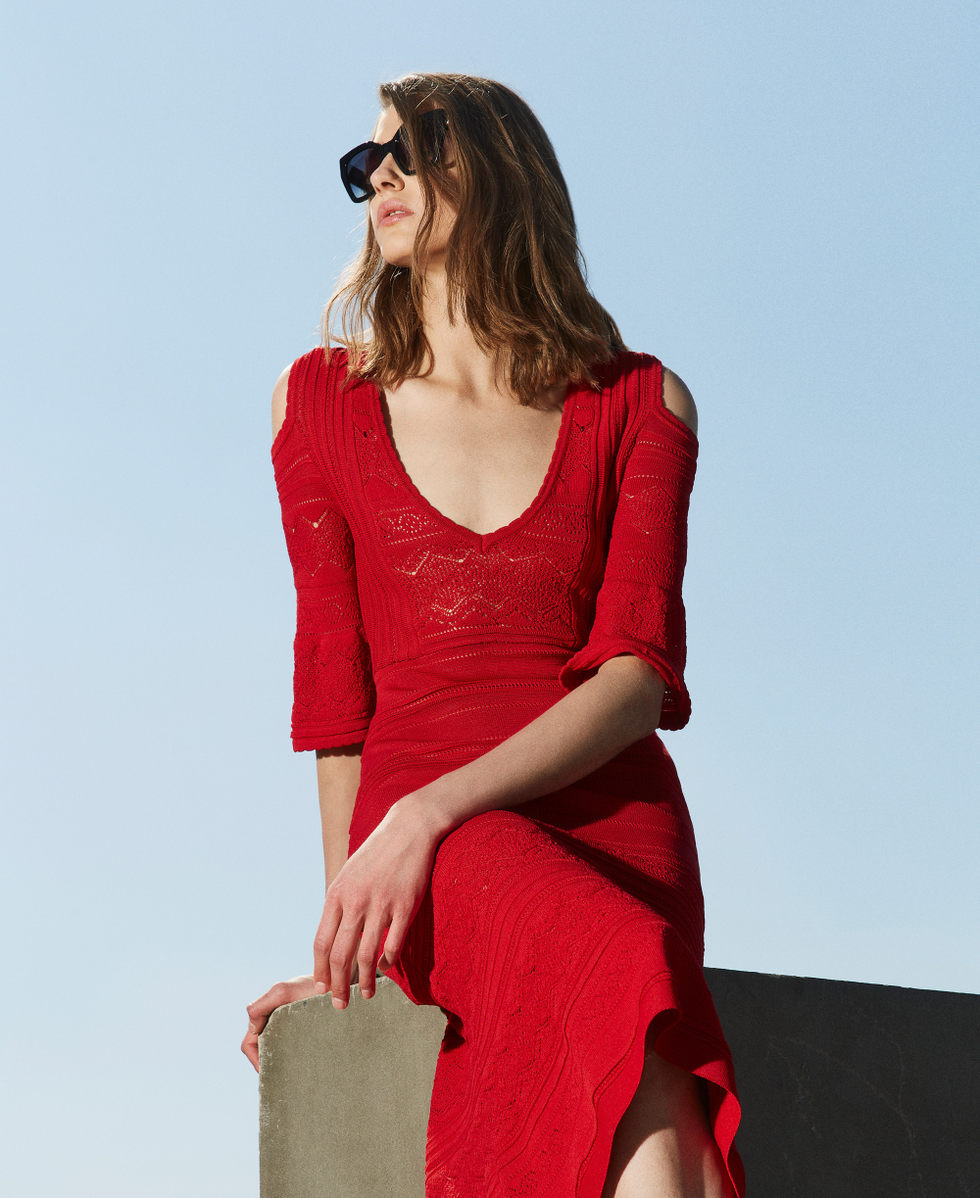 Abito longuette in maglia punzonata Hibiscus Red Scuro Donna 251TT3104_12448_PC