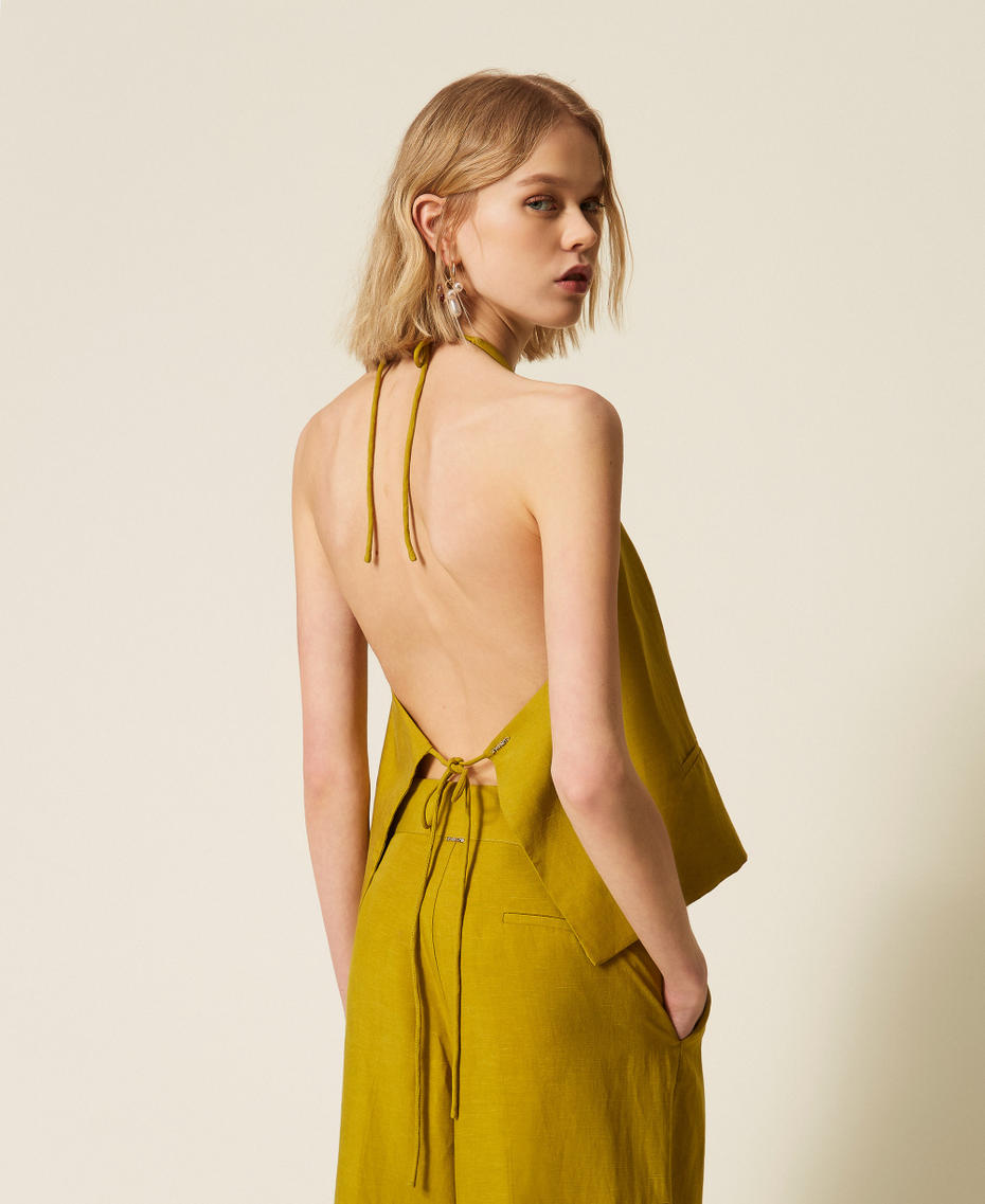 Linen blend halter waistcoat Avocado Oil Green Woman 261TT2551_12117_03