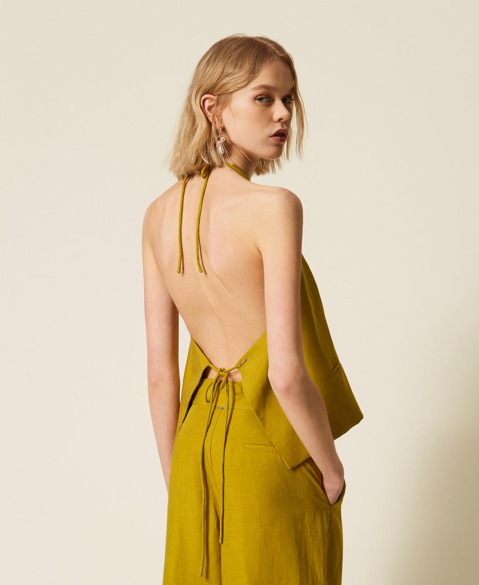 Linen blend halter waistcoat Avocado Oil Green Woman 261TT2551_12117_03