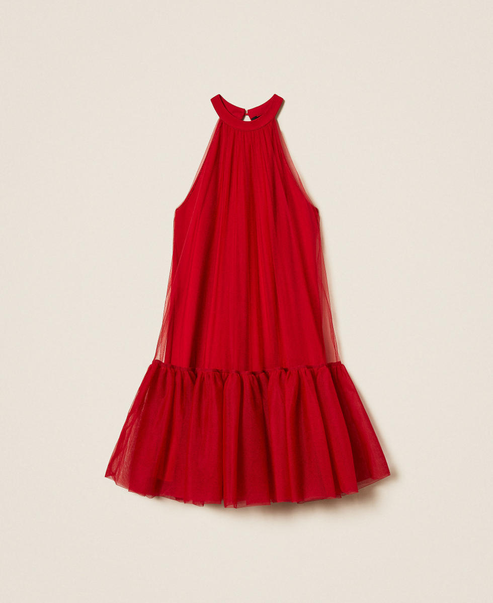 Kurzes Kleid aus T&uuml;ll mit R&uuml;sche Kirsch Rot Frau 252AT2091_00034_S0