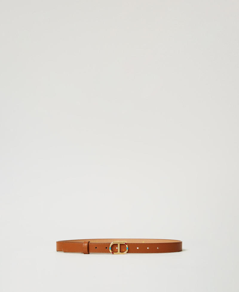 Belt with Oval T buckle with rhinestones Leather Brown Woman 251TO5390_00057_01