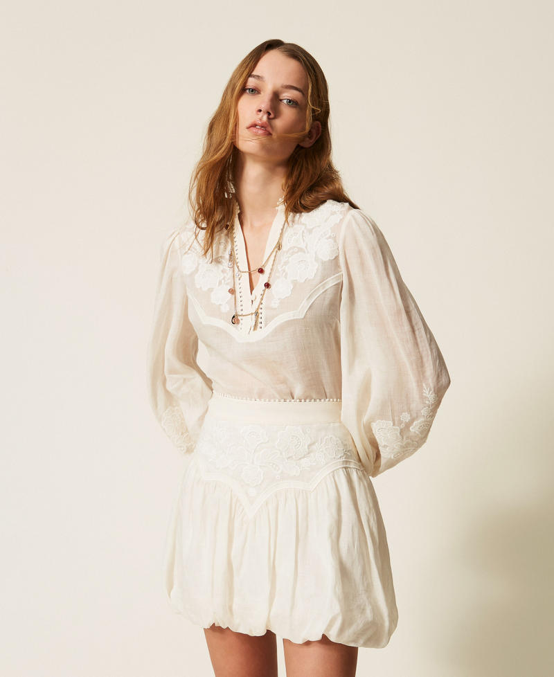 Ramie blouse with embroidery Mother Of Pearl Woman 261TT2291_00059_01