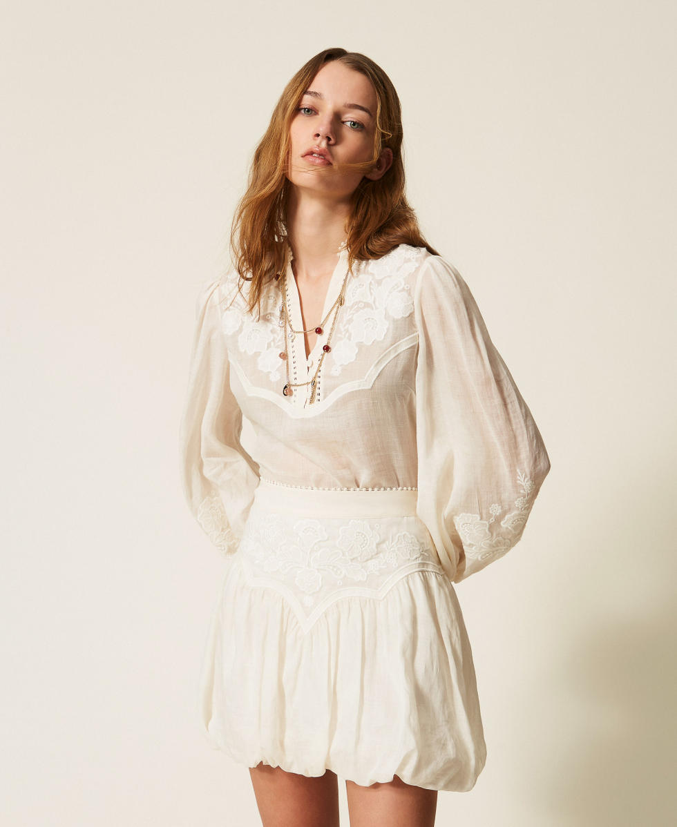 Ramie blouse with embroidery Mother Of Pearl Woman 261TT2291_00059_01