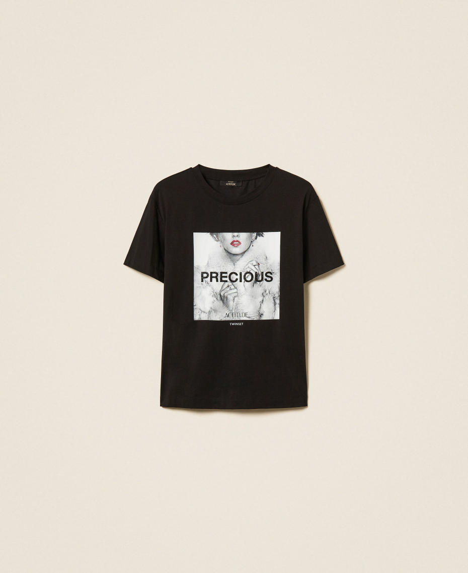 T-shirt avec imprim&eacute; et strass Noir Femme 262AP2510_00006_S0