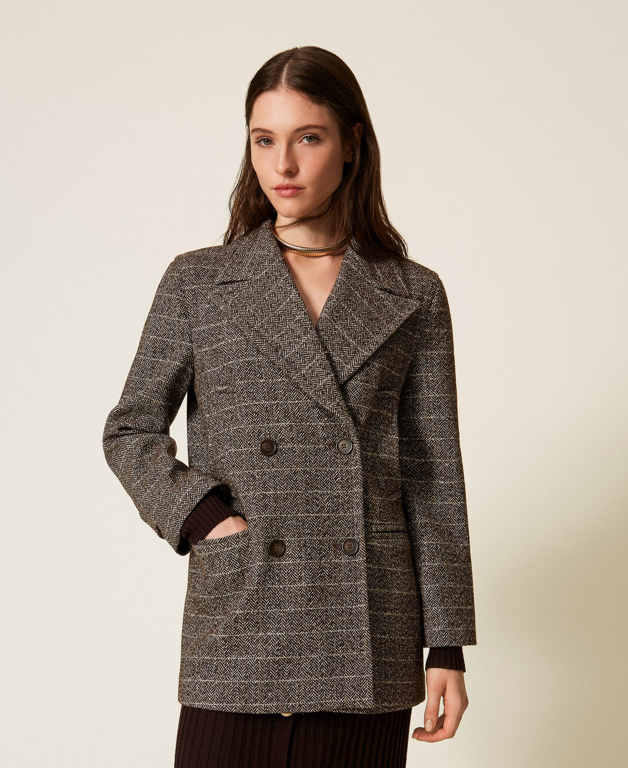 Wool blend pea coat with lurex Brown/Gold Herringbone Woman 252TT2031_12893_02