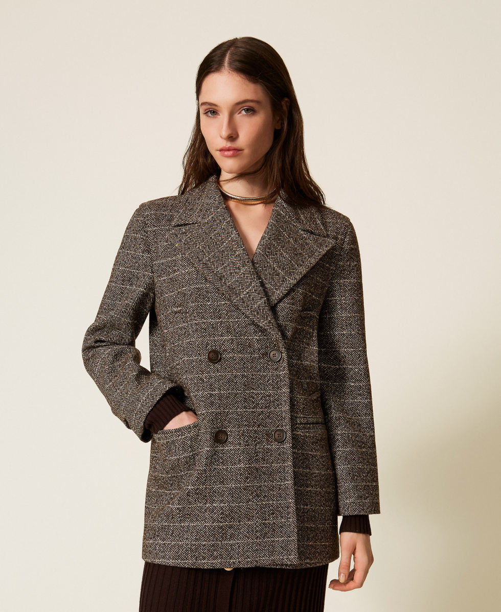 Caban aus Wollmischung mit Lurex Herringbone Brown / Gold Frau 252TT2031_12893_02