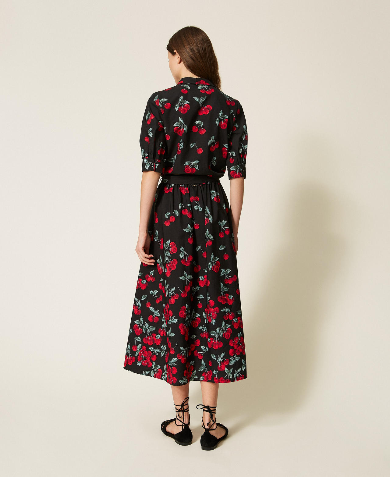 Long poplin skirt with cherry print Black/Red Cherries Degrad&egrave; Woman 261TT2594_13502_03