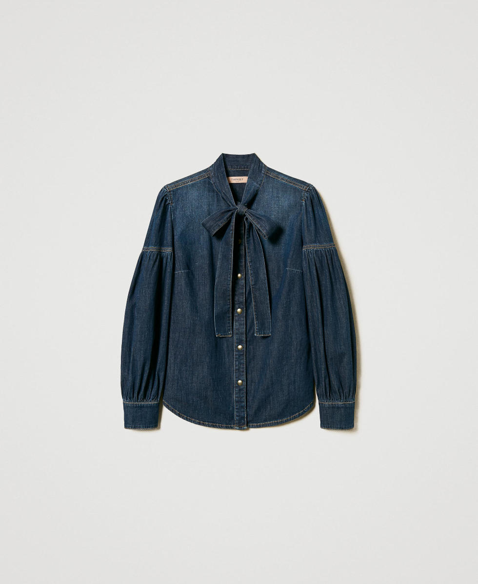 【BAON】23SS★ [BAON] Teedo Ribbon Denim Blouse Pants Set Denim Top & Pleated Pants Set Dark Wash — Byron & Barclay