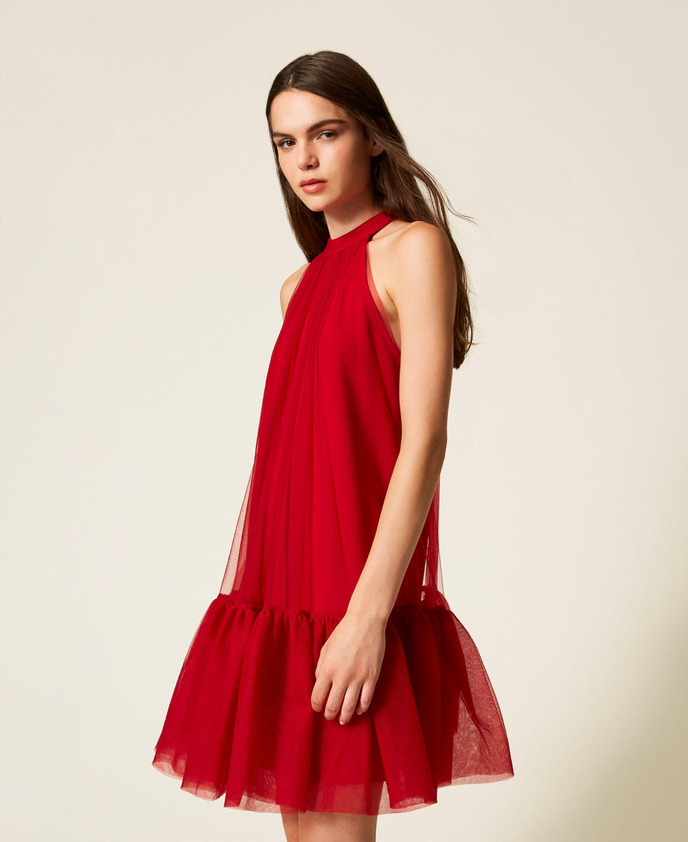 Kurzes Kleid aus T&uuml;ll mit R&uuml;sche Kirsch Rot Frau 252AT2091_00034_02