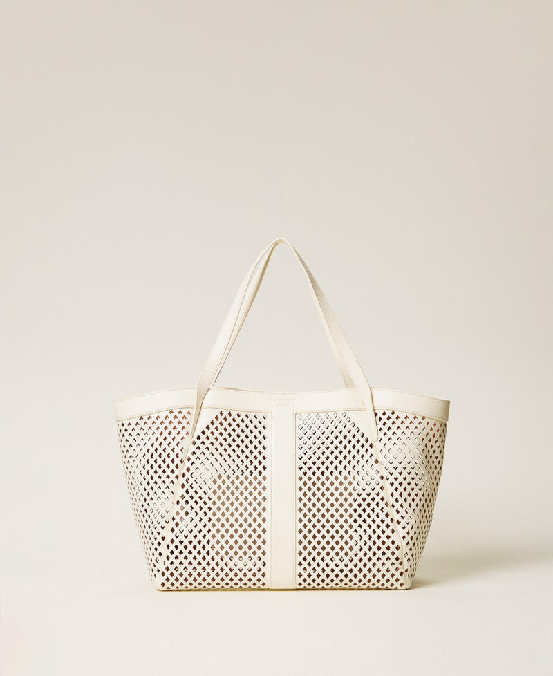 Mesh leather shopper bag Mother Of Pearl Woman 261TD8550_00059_01