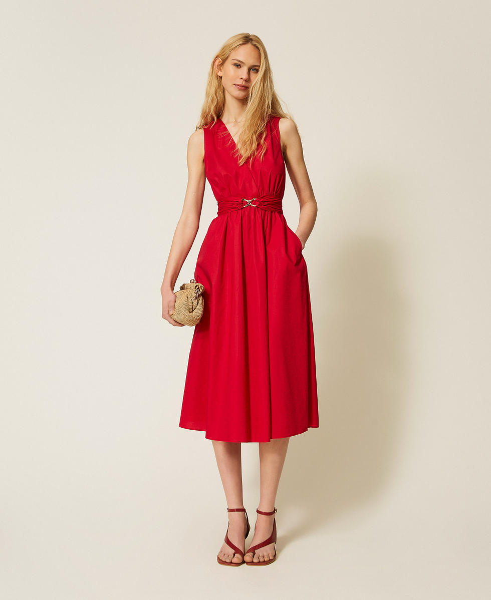 Midi poplin dress with logo belt "Lipstick Red" Woman 261TT2161_03725_01