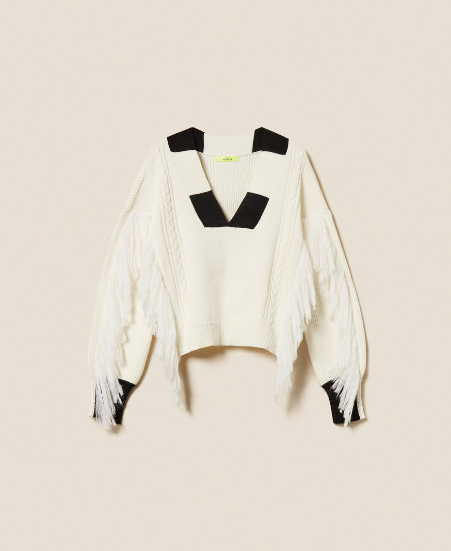 MYFO jumper with fringes and cable knit details Two tone Arctic Wolf White/Black Woman 252AQ3030_13017_S0
