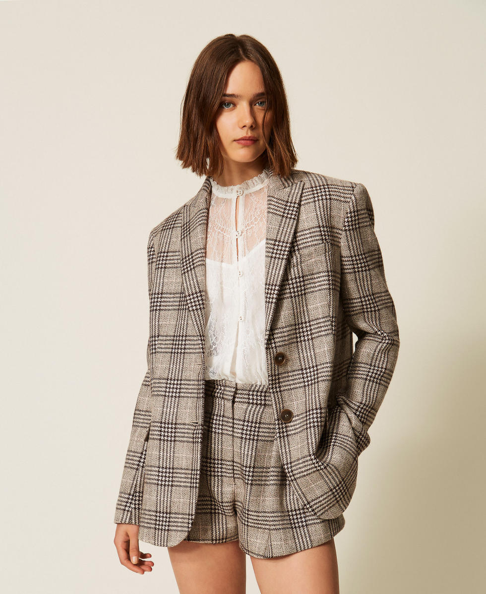 Chequered wool cloth blazer with sequins Coffee/Cold Beige Woman 262TP2742_13717_01