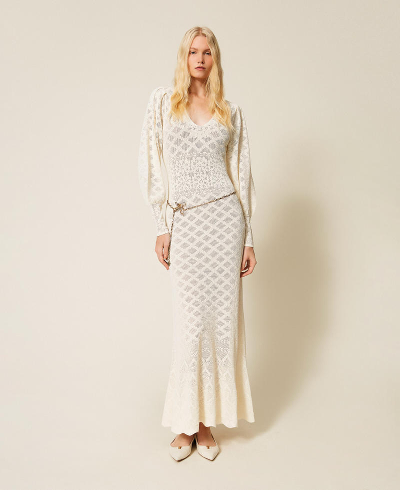 Maxi-Strickkleid mit floralem Muster Perlmutt Frau 261TP3260_00059_01