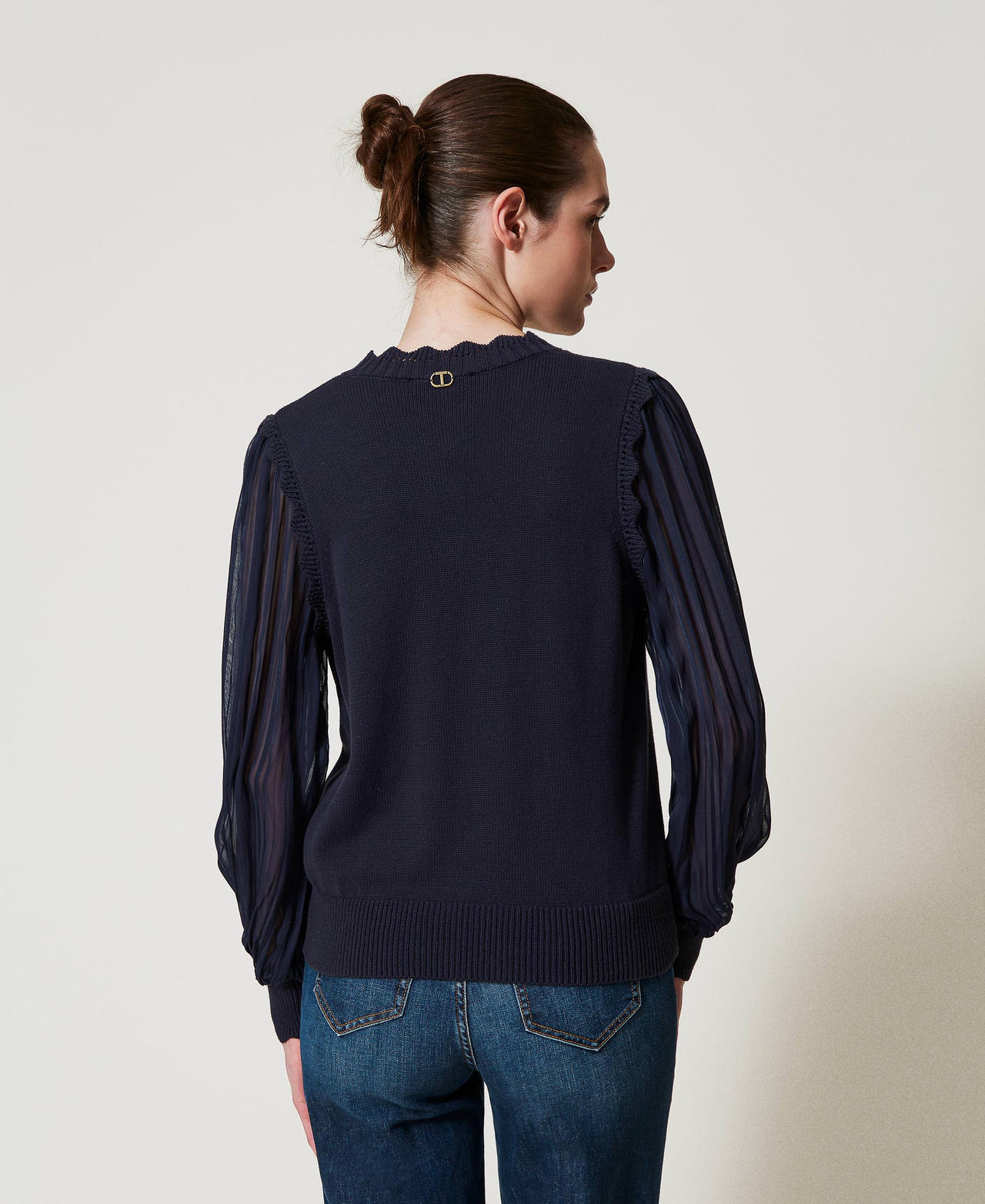 Pullover mit &Auml;rmeln aus gestreiftem Krepon Blue Night Frau 251TP3162_00238_03