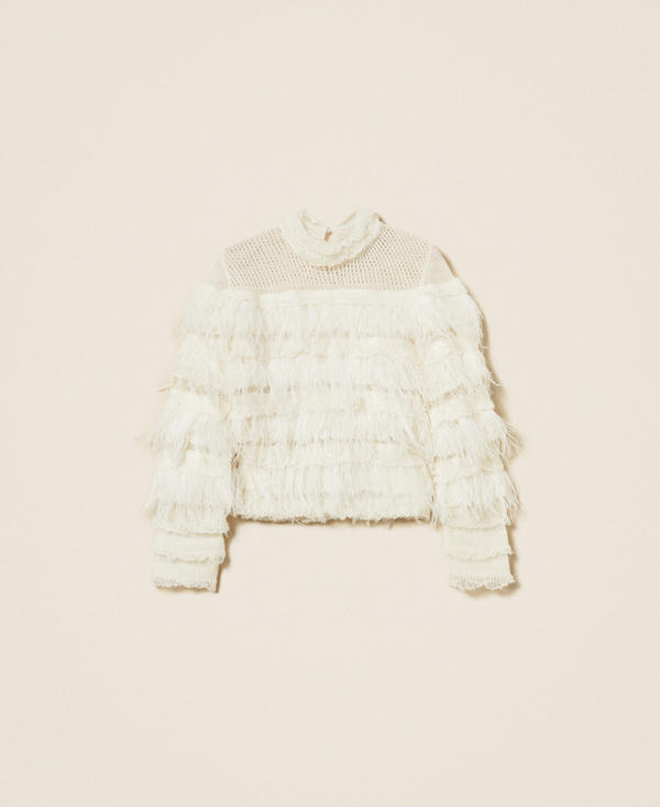 Jumper with ruffles and feathers