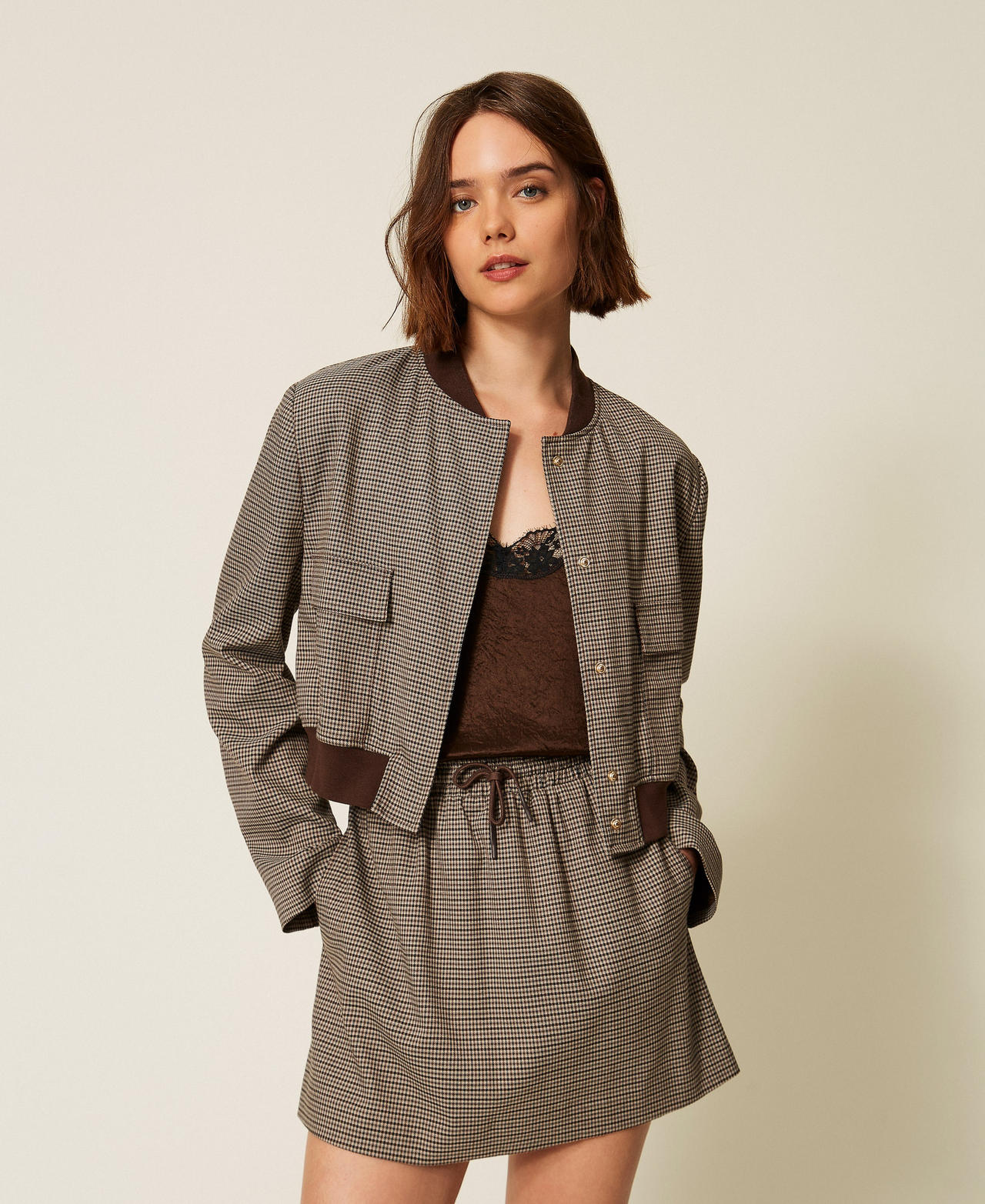 Twinset Women's "Oak" Beige/Darkness Brown Houndstooth Houndstooth Bomber Jacket With Pockets