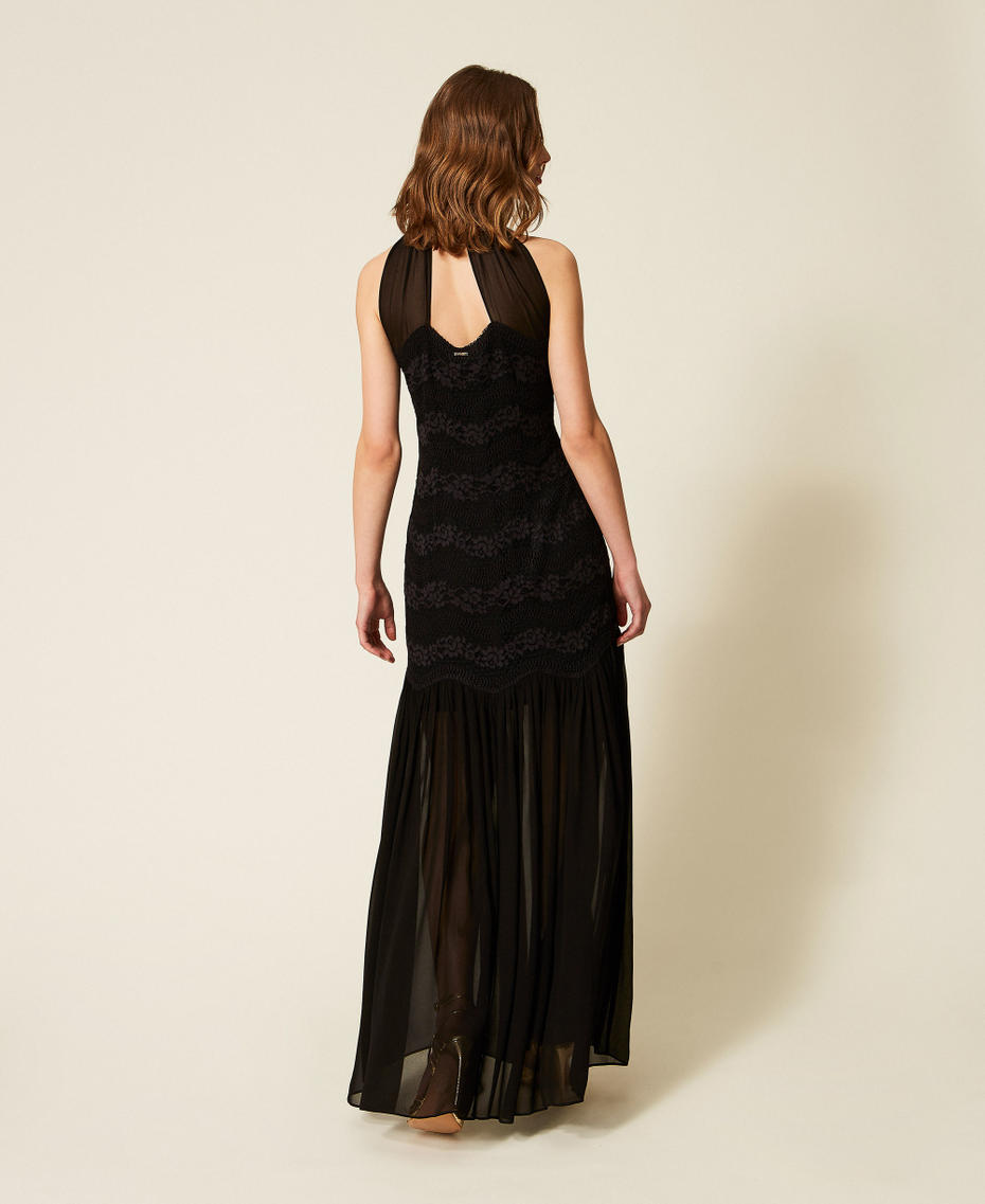 Long macram&eacute; lace and georgette dress Black Woman 261TP2780_00006_03