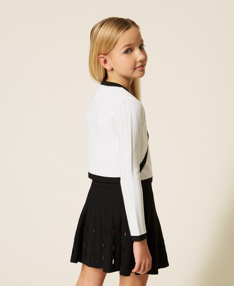 Knit cardigan and top with buttons Two tone Off White/Black Girl 261GJ3Q25_13203_03