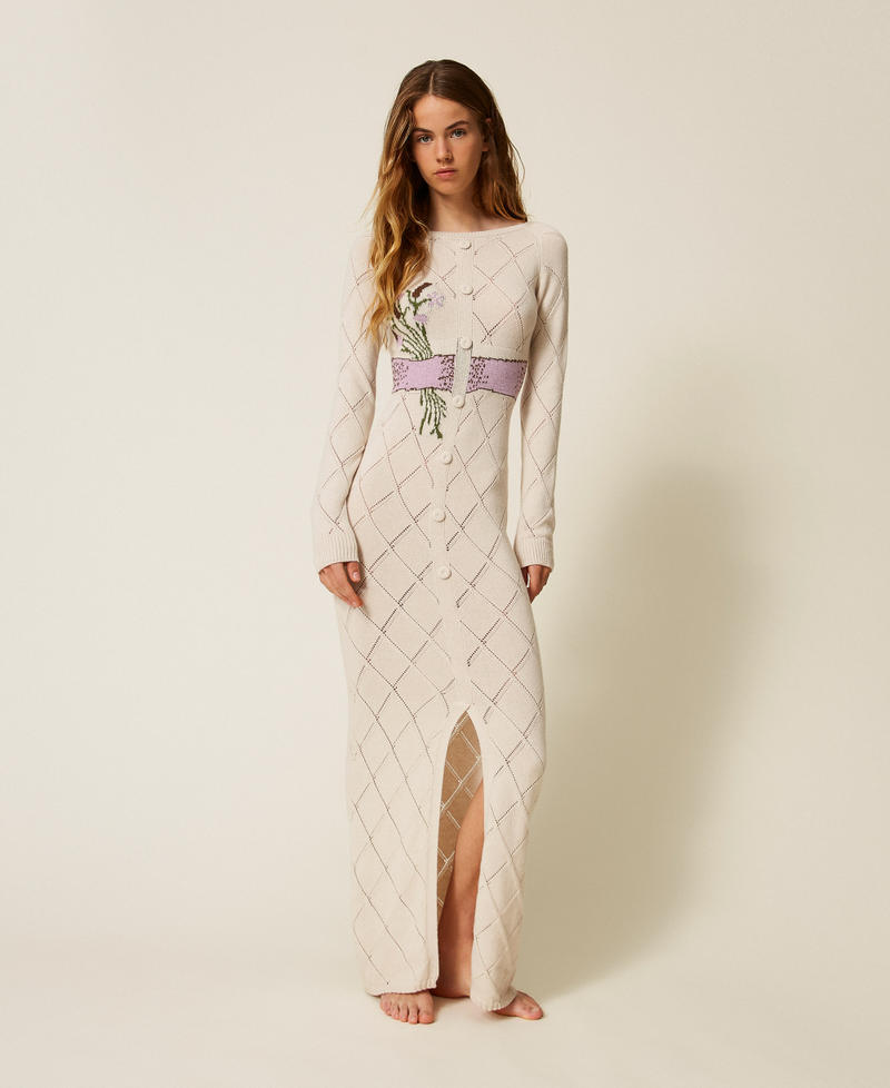 Long Treeblend yarn dress with inlay Pale Cream Woman 252TP3340_00522_05