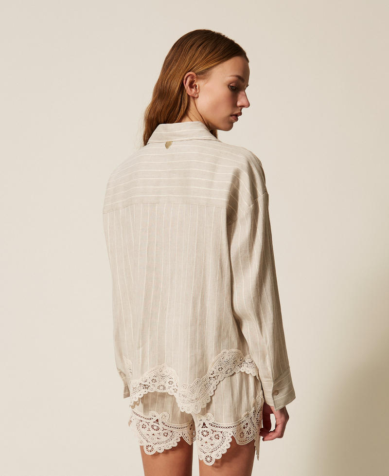 Hemdbluse aus Jacquard-Leinenmischung mit Spitze Streifen Fog/Vanillewei&szlig; Frau 261LM2FAA_13580_03