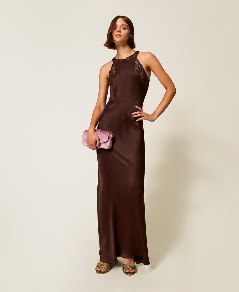 Long satin halter dress with embroidery Black Chocolate Woman 252TT2240_11054_01