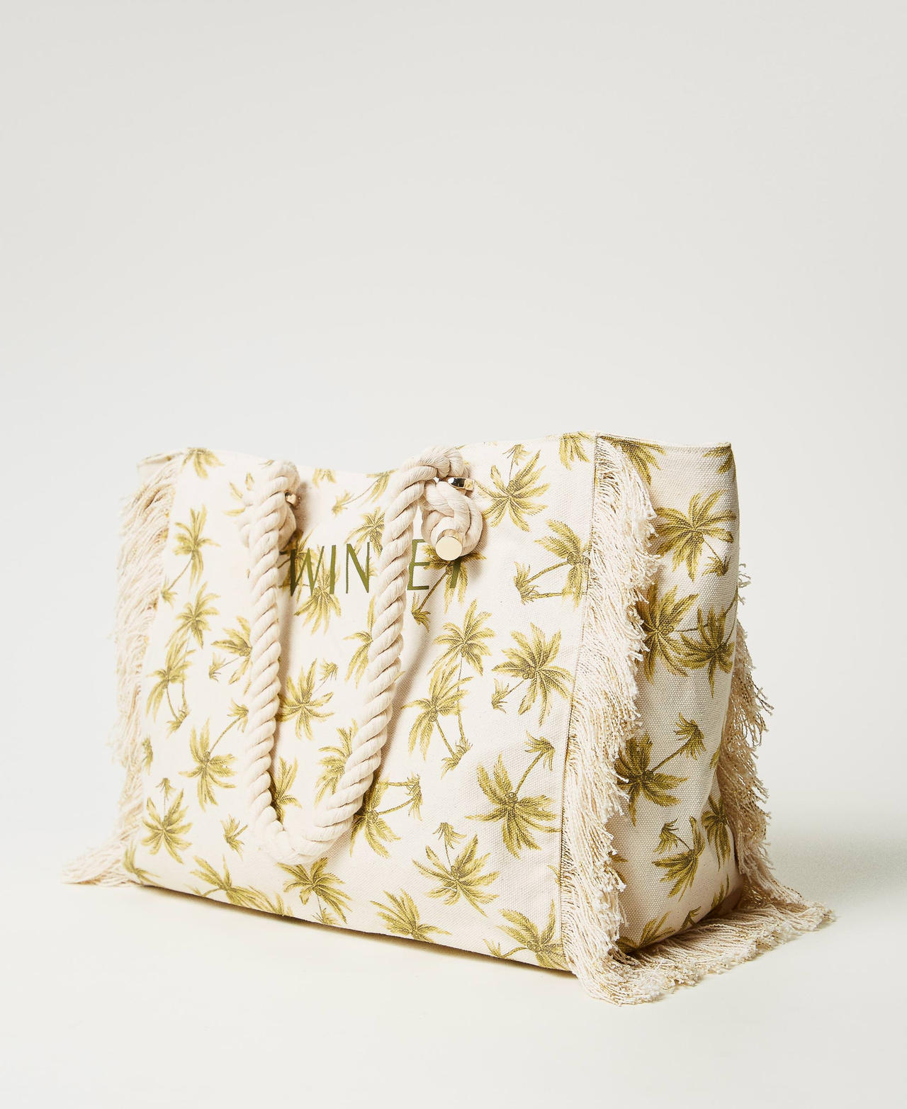Printed canvas shopper bag Mother of Pearl/Olive Leaf Palm Print Woman 251LB7AAA_12196_02