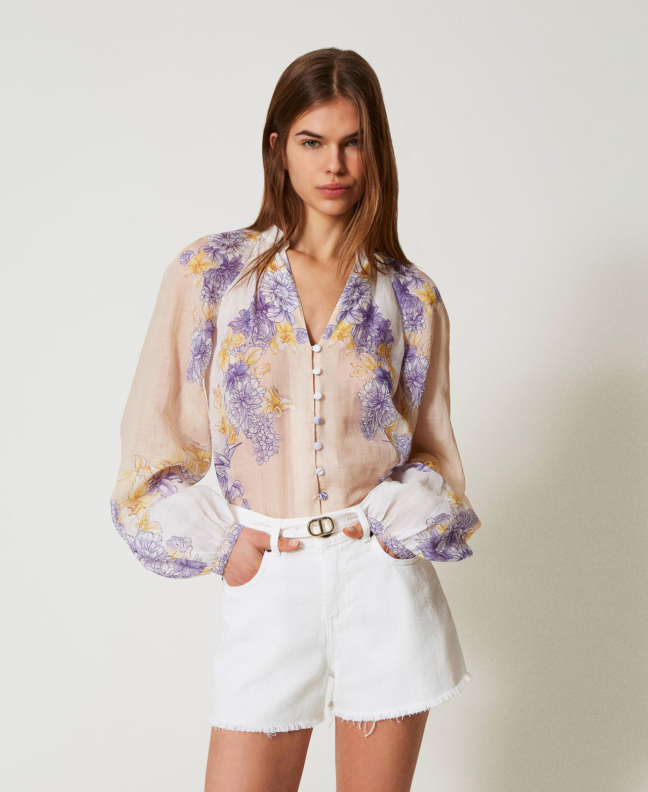 Chemise florale en ramie Imprim&eacute; Fleurs/Colibri Cold Lavander/Yellow Femme 251TT2061_12512_01