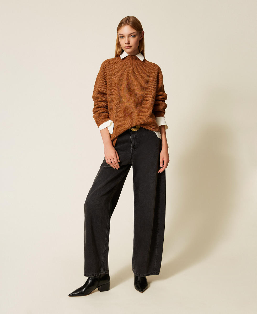 Wool blend turtle neck jumper with Oval T Dark Alpaca Brown Woman 252TT3064_13006_T0