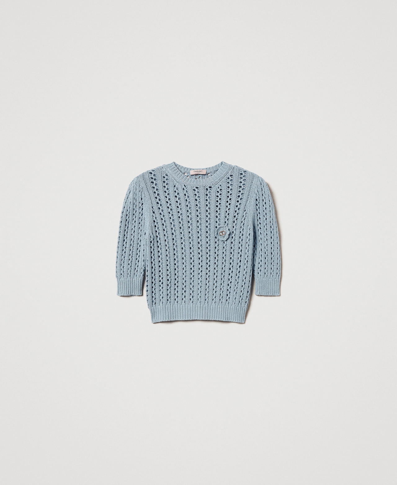 Jumper with crochet brooch Dusty Blue Woman 251TP3361_00485_0S